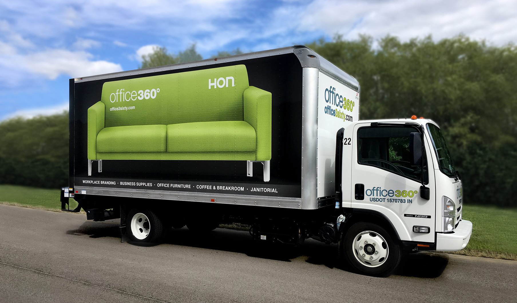 High-quality mobile billboard advertising showcasing office furniture for Office360 on a delivery truck.