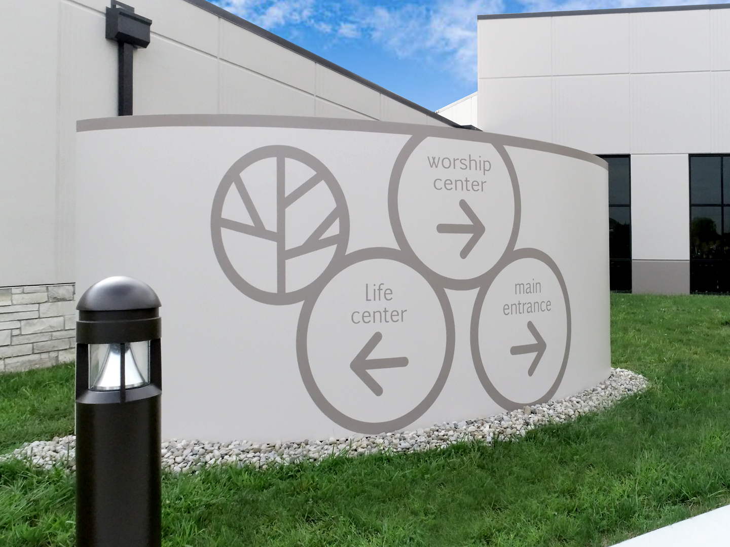 Directional signage for worship, life, and main entrance at a modern centre.