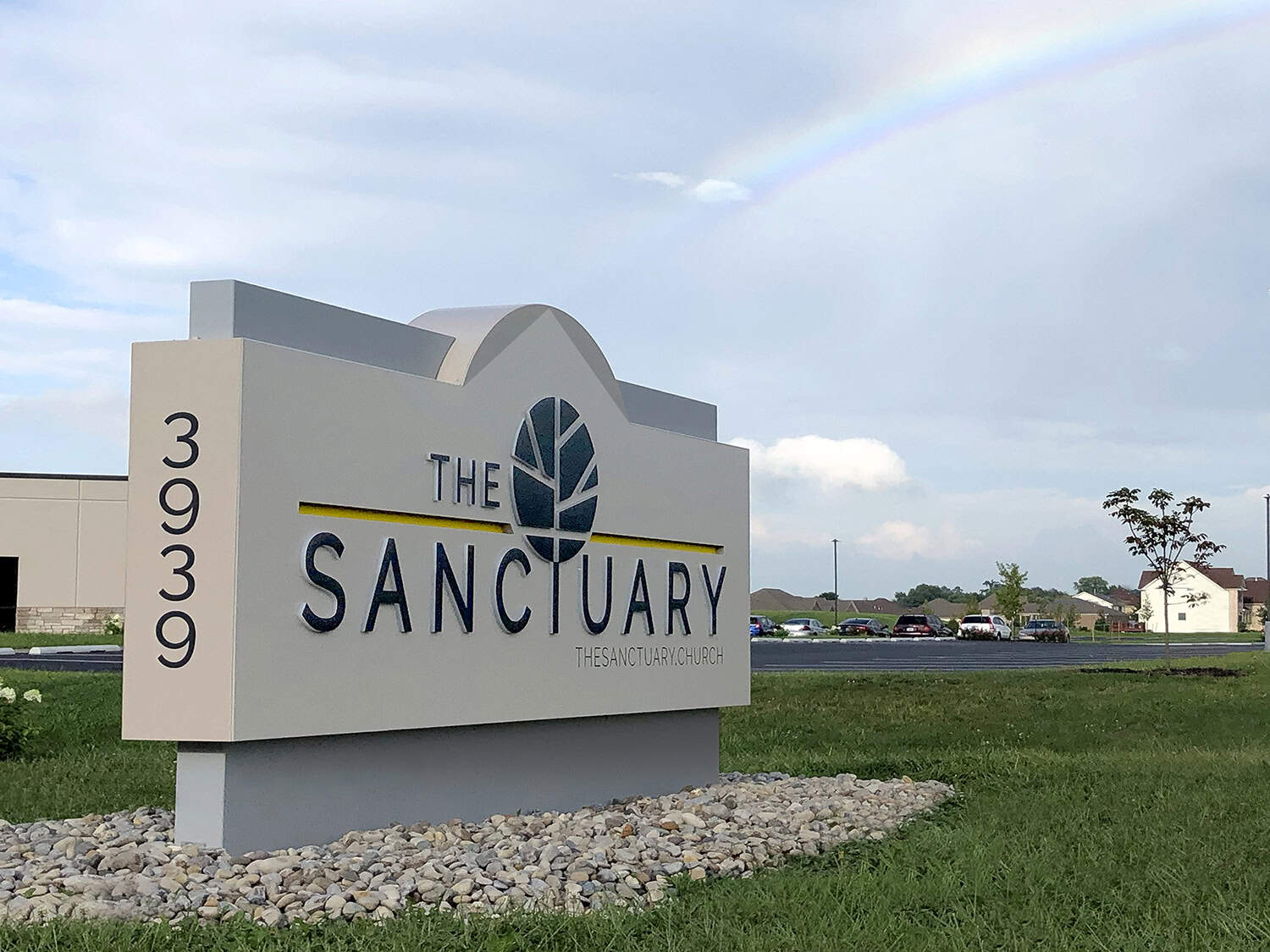 Modern church sign for The Sanctuary with custom LED lettering and logo for outdoor display.