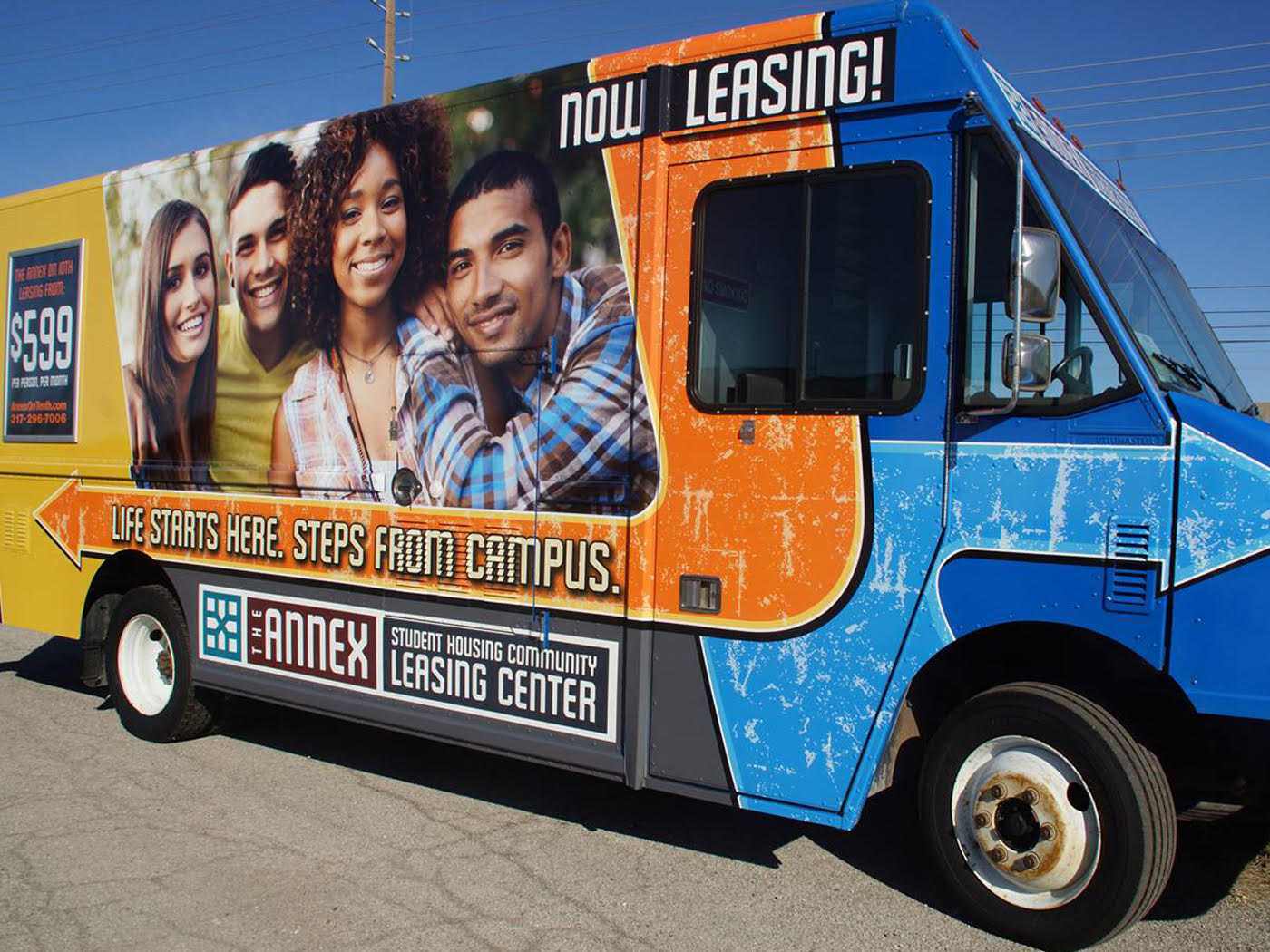 College student housing and leasing centre truck sign in Australia.