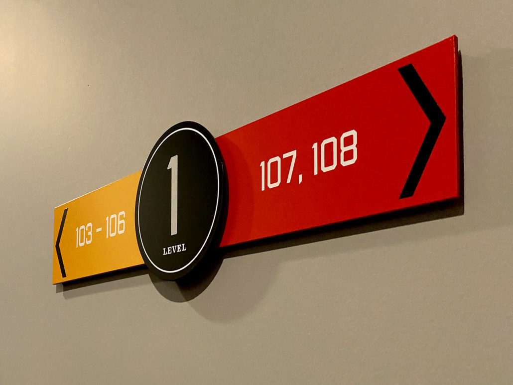 Color-coded ceiling map showing level information for precise directional signage.