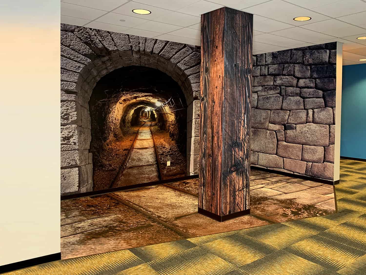 Old mine tunnel wall mural poster for interior decor.