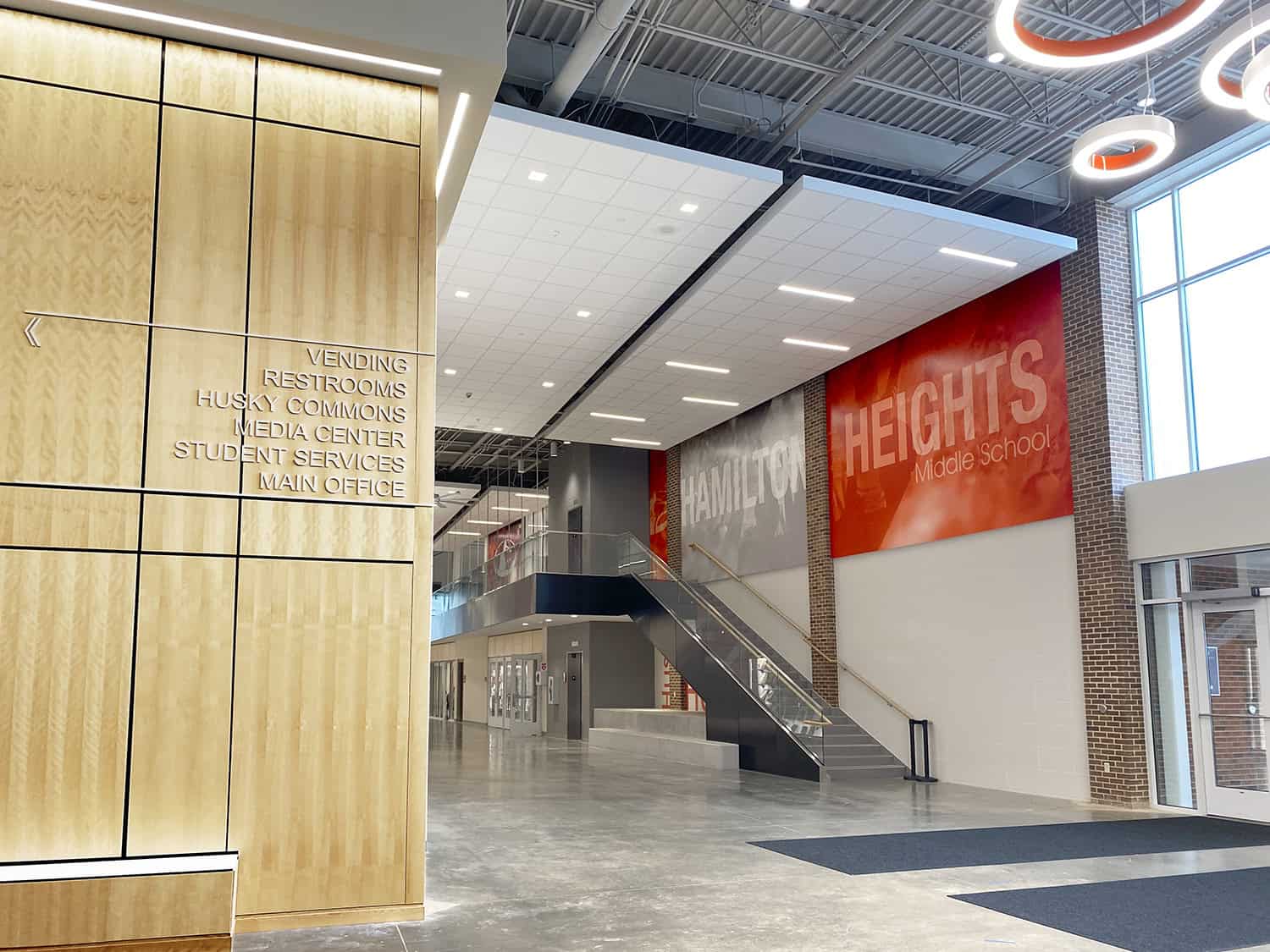 Signage for Hamilton Middle School interior, school directory and wayfinding signage, educational signage, modern school signage.
