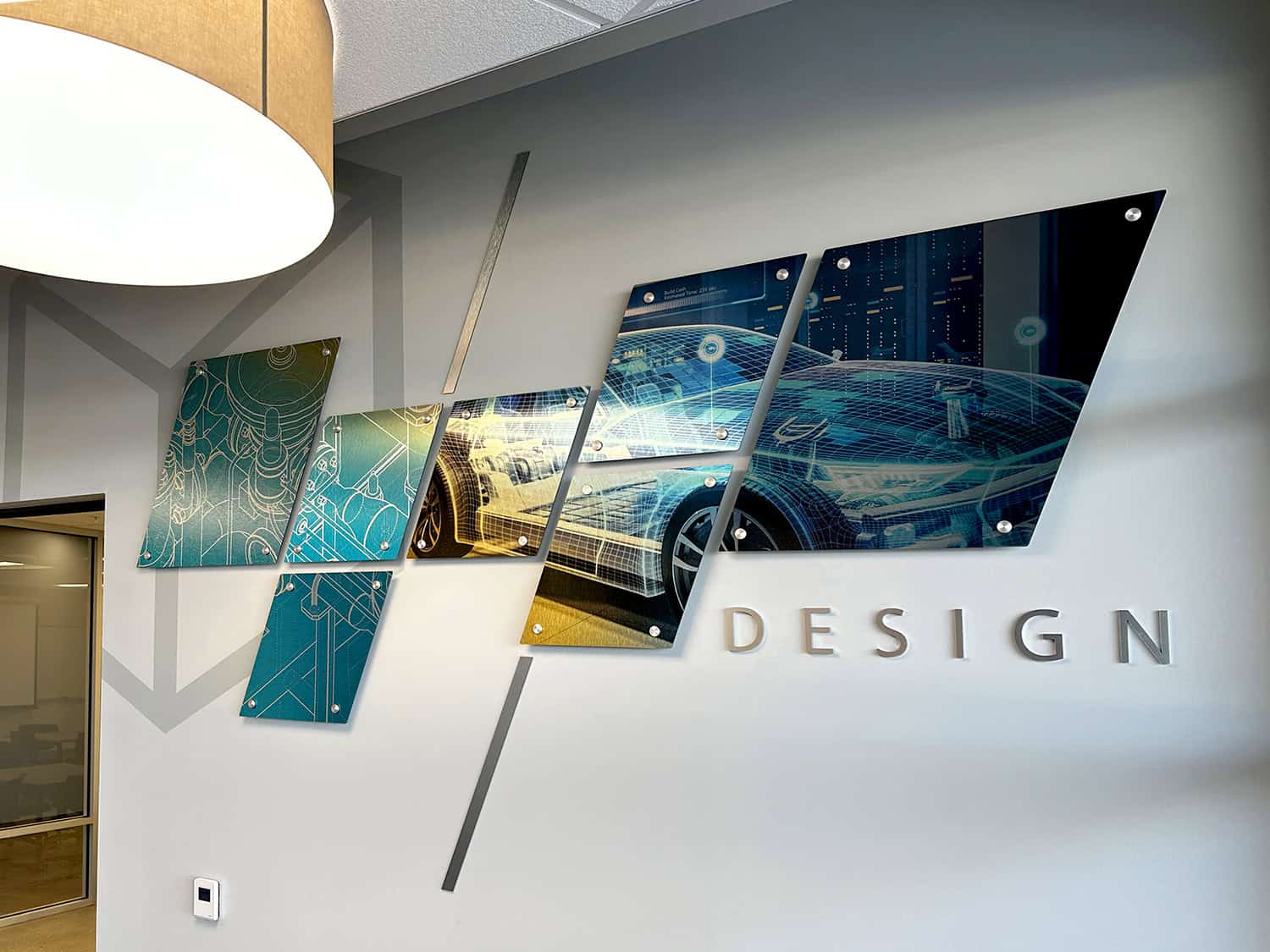 Futuristic car design digital wall art for innovative signage solutions.