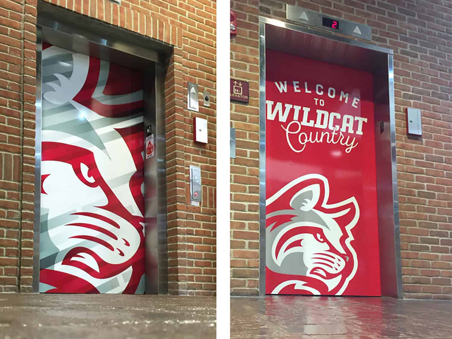 Customised elevator door wraps with Wildcat Country theme, vibrant signage and branding.