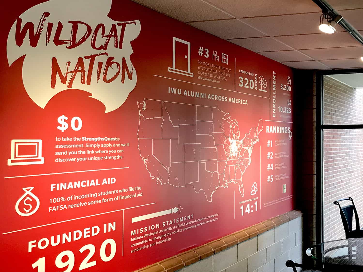 Vibrant red university alumni wall display with infographic information and world map.