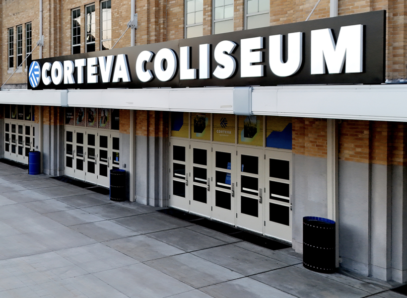 Corteva Coliseum signage; custom illuminated building sign for event venue.